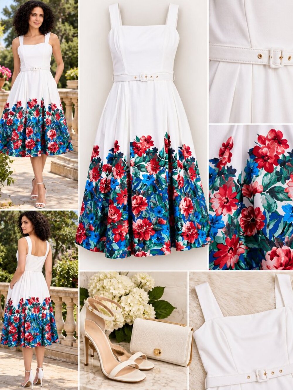 Tahari ASL Floral Border Print Belted Midi Dress Ivory Multi Size 12 NWT